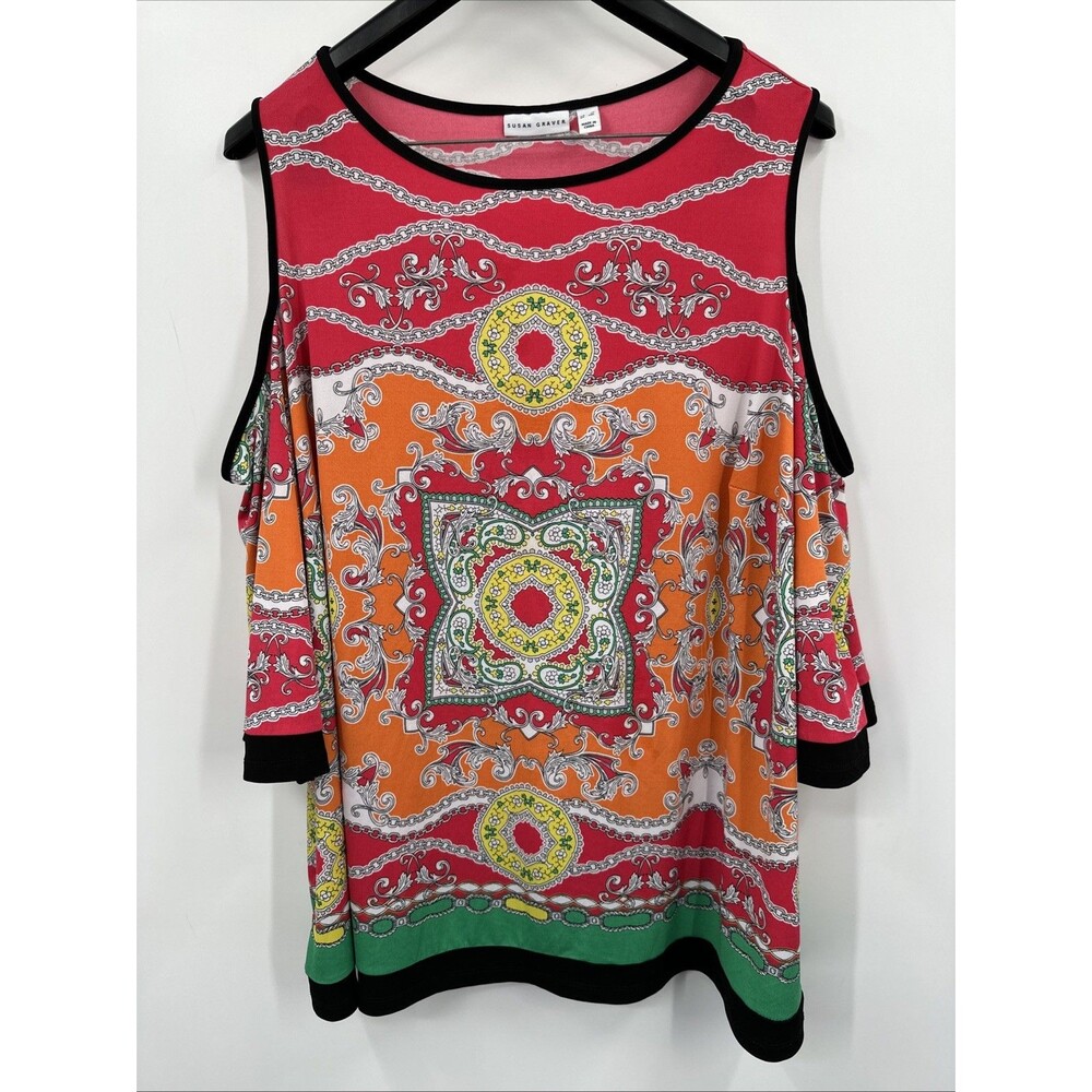 Susan Graver 3X Liquid Knit Top Red Orange Printed Cold Shoulder Casual BOHO